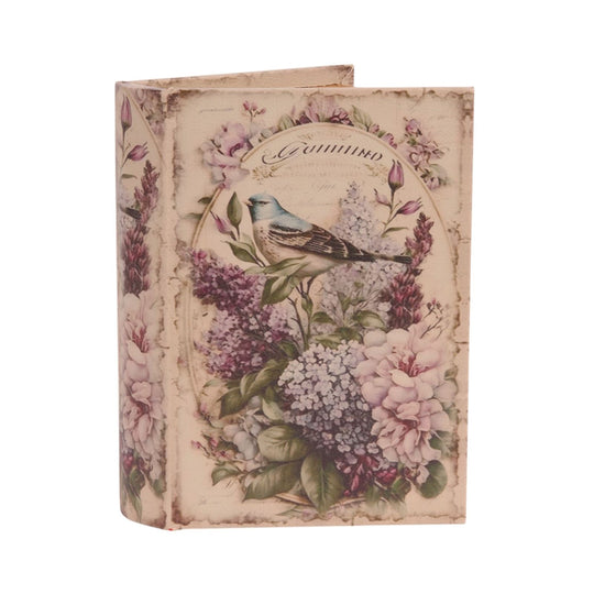 Madárkás-virágos vintage könyvesdoboz 20 cm – lila