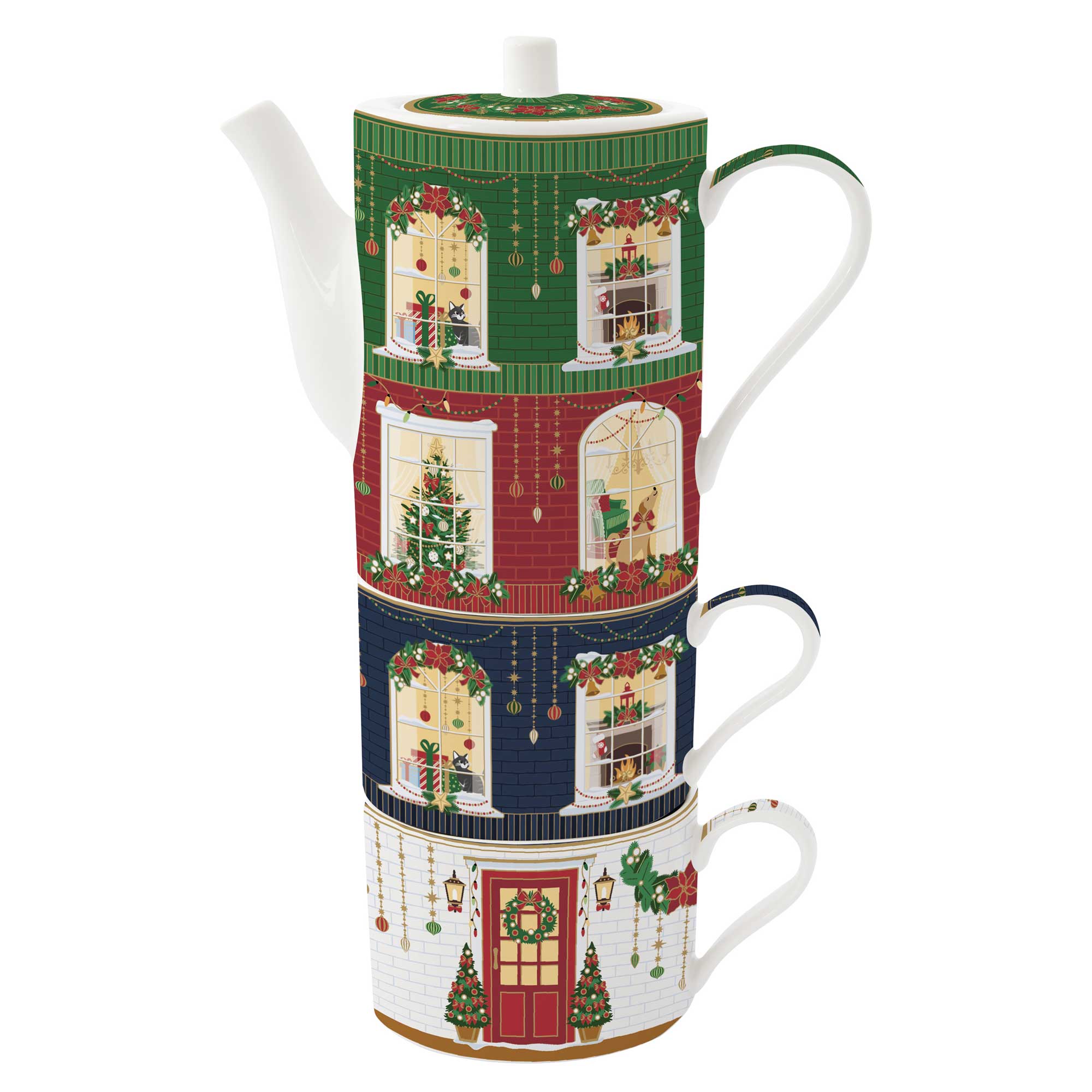 Karácsonyi porcelán bögre és teáskanna egymásba rakható szett díszdobozban Festive Avenue