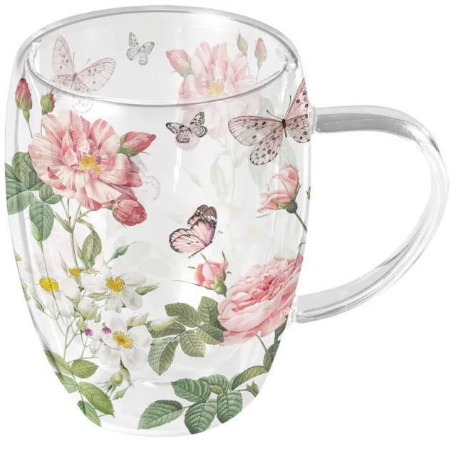 duplafalú borosilicate üveg bögre 0,35 L virágos-pillangós mintával Amelia White