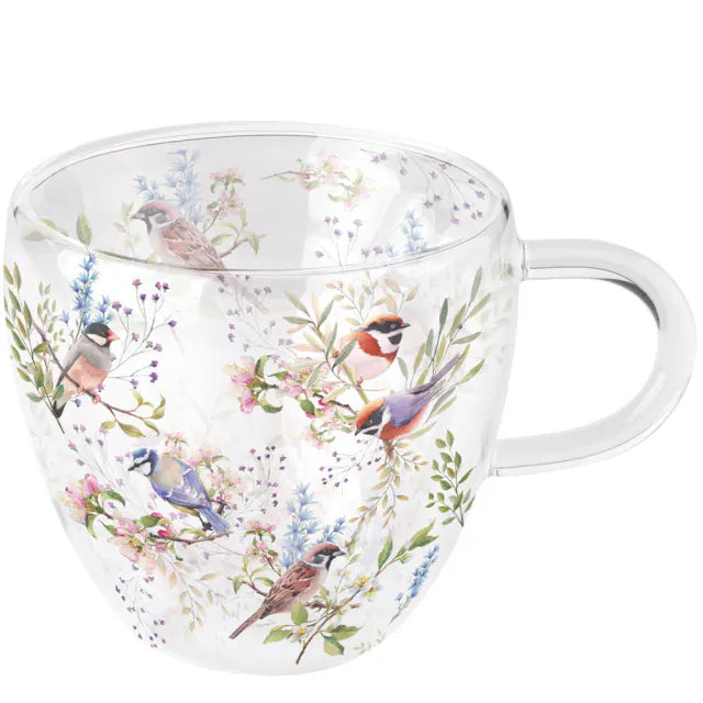 Tavaszi Virágos–madaras borosilicate üveg csésze Busy birds