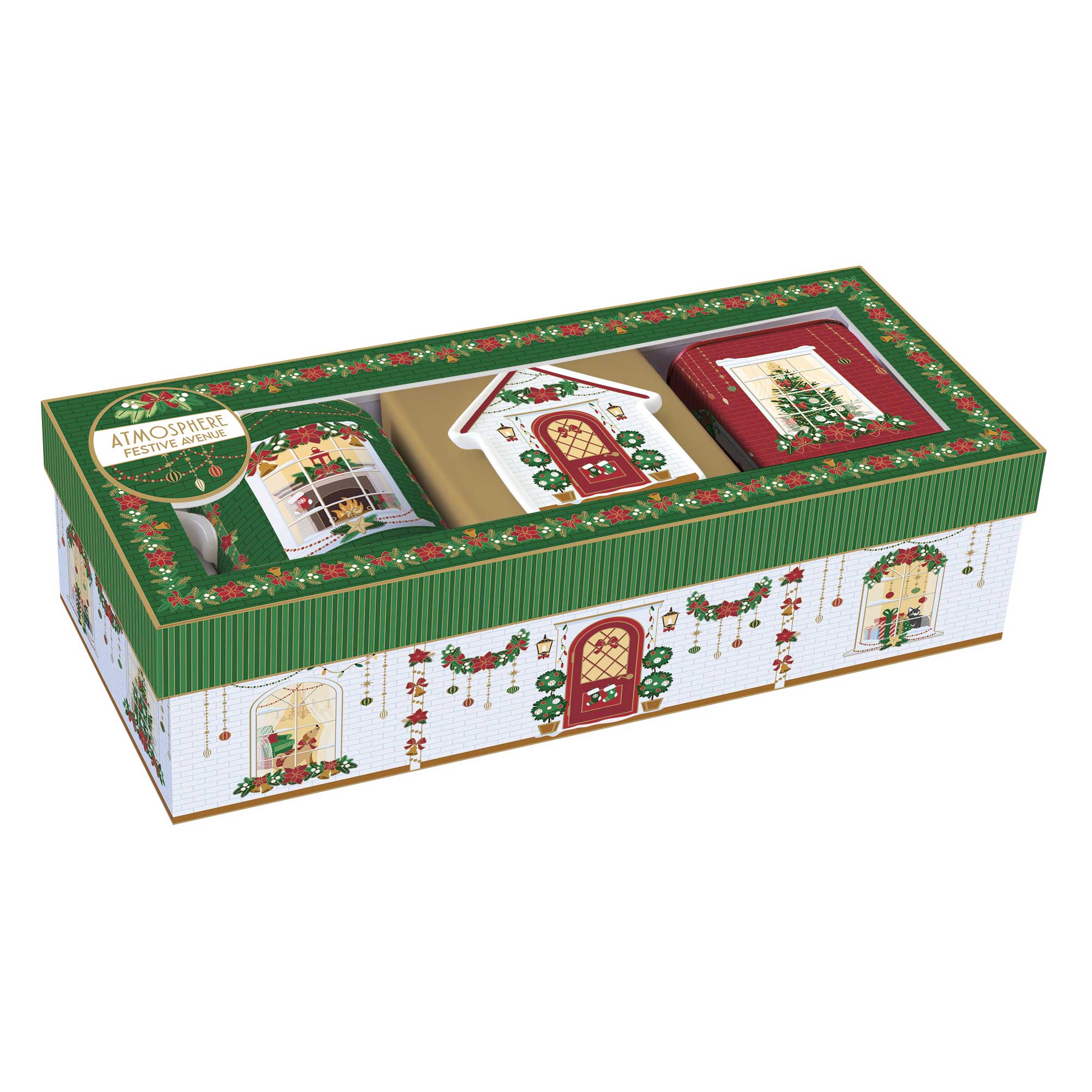 Karácsonyi porcelán bögre ajándék szett teafiltertartó + fémdoboz díszdobozban Festive Avenue
