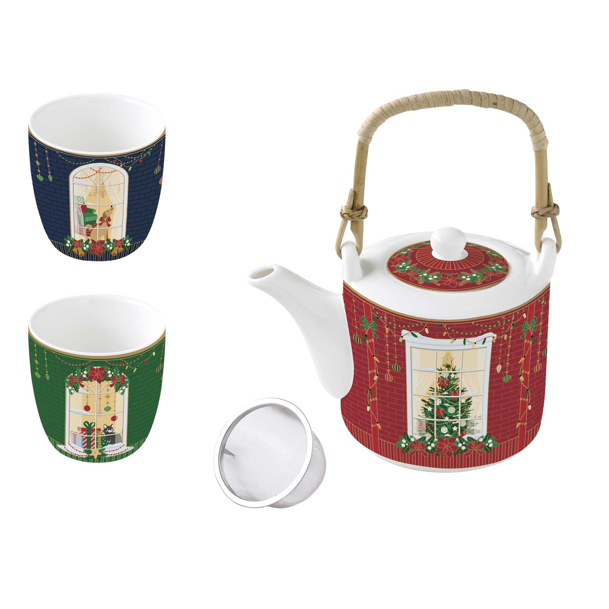 Karácsonyi porcelán ajándék szett teáskanna fém szűrővel 2 porcelán pohárral díszdobozban Festive Avenue