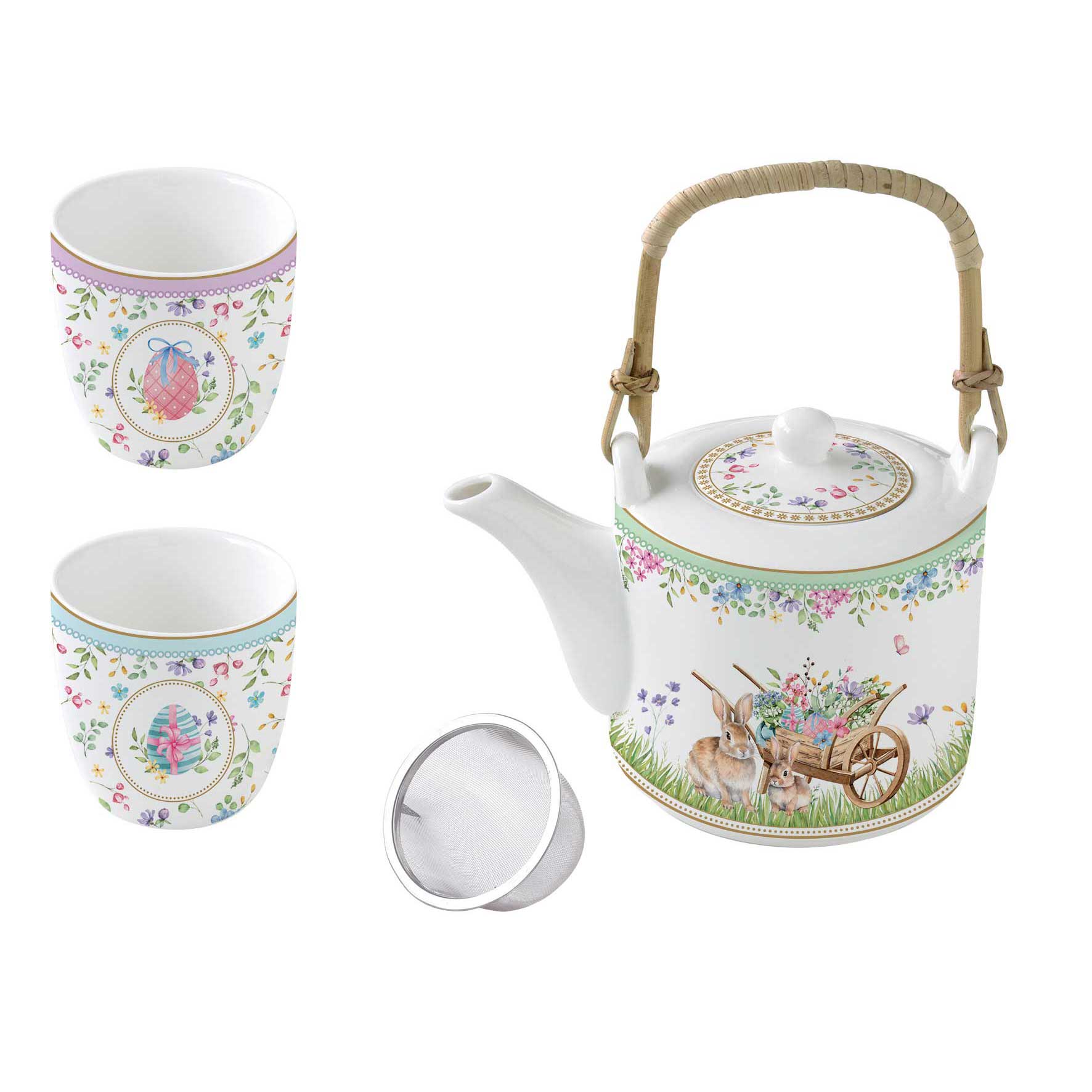 Spring Bloom húsvéti teáskanna fém szűrővel 2 porcelán pohárral díszdobozban