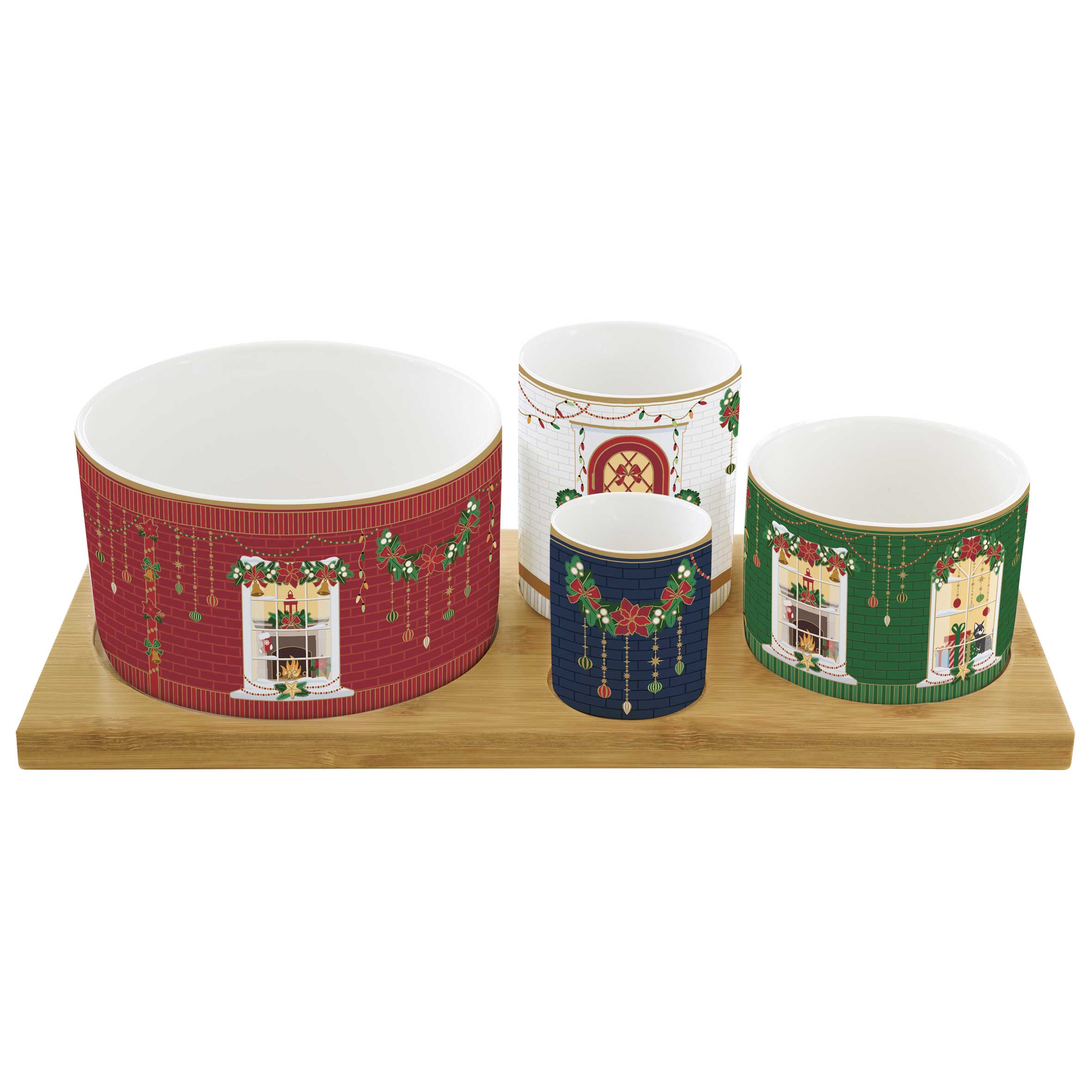 Karácsonyi porcelán kínálótál 4 db-os szett bambusztálcán díszdobozban Festive Avenue