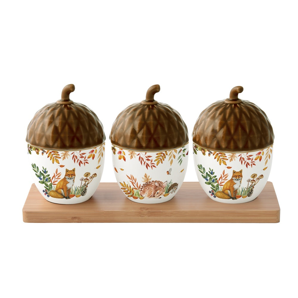 Forest Dream őszi porcelán makk alakú tálka fedővel 3 db bambusztálcán
