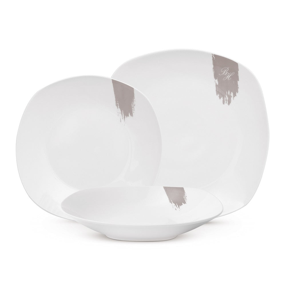 18 részes fehér porcelán étkészlet szürkés dekorral