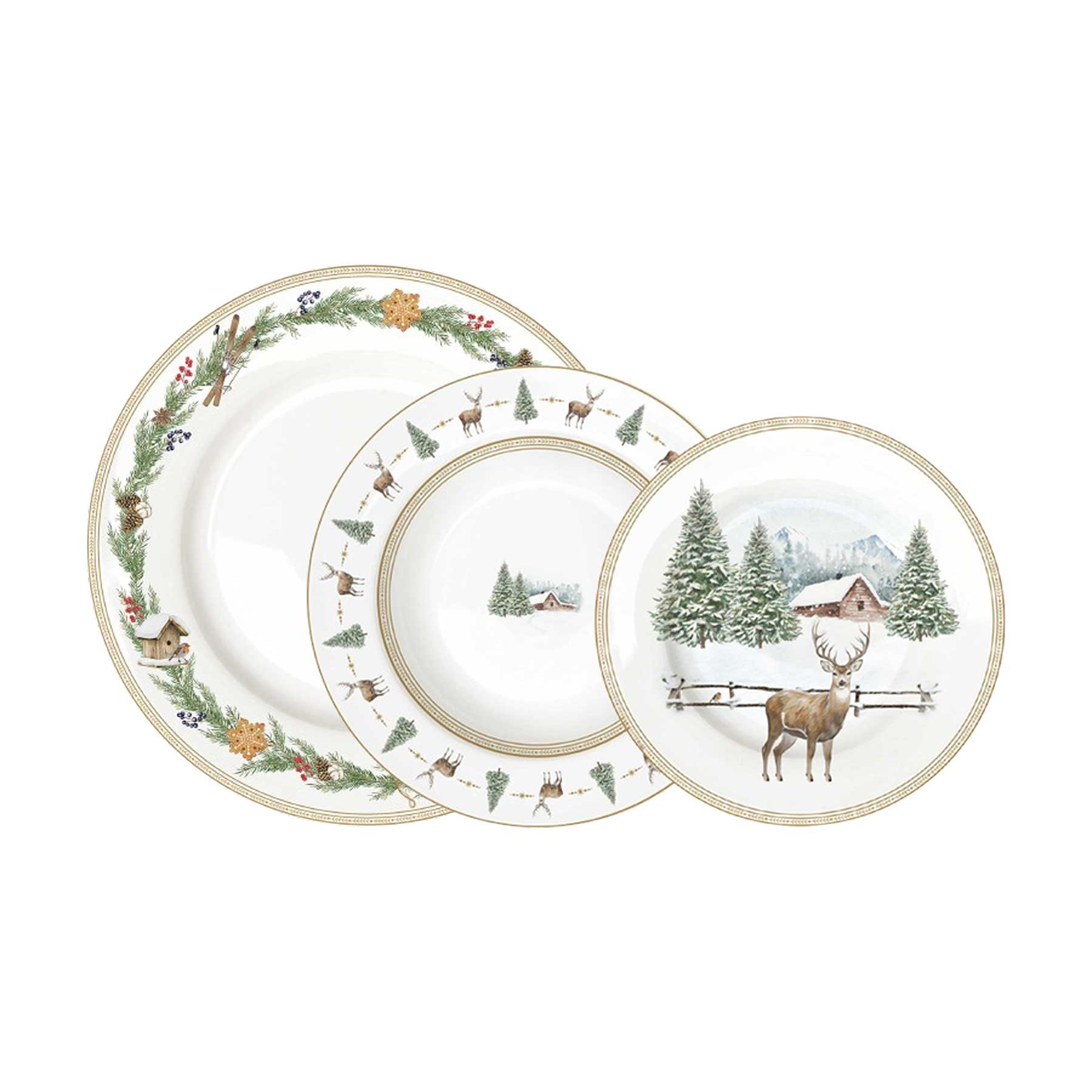 Tányér, étkészlet 18 részes porcelán karácsonyi étkészlet szarvasos White Forest