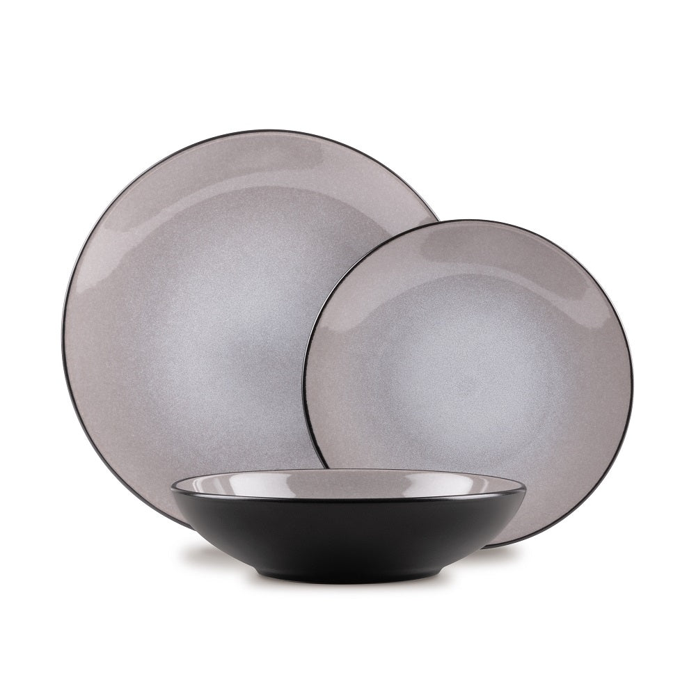 18 részes taupe szürkésbarna stoneware kerámia étkészlet fekete szegéllyel