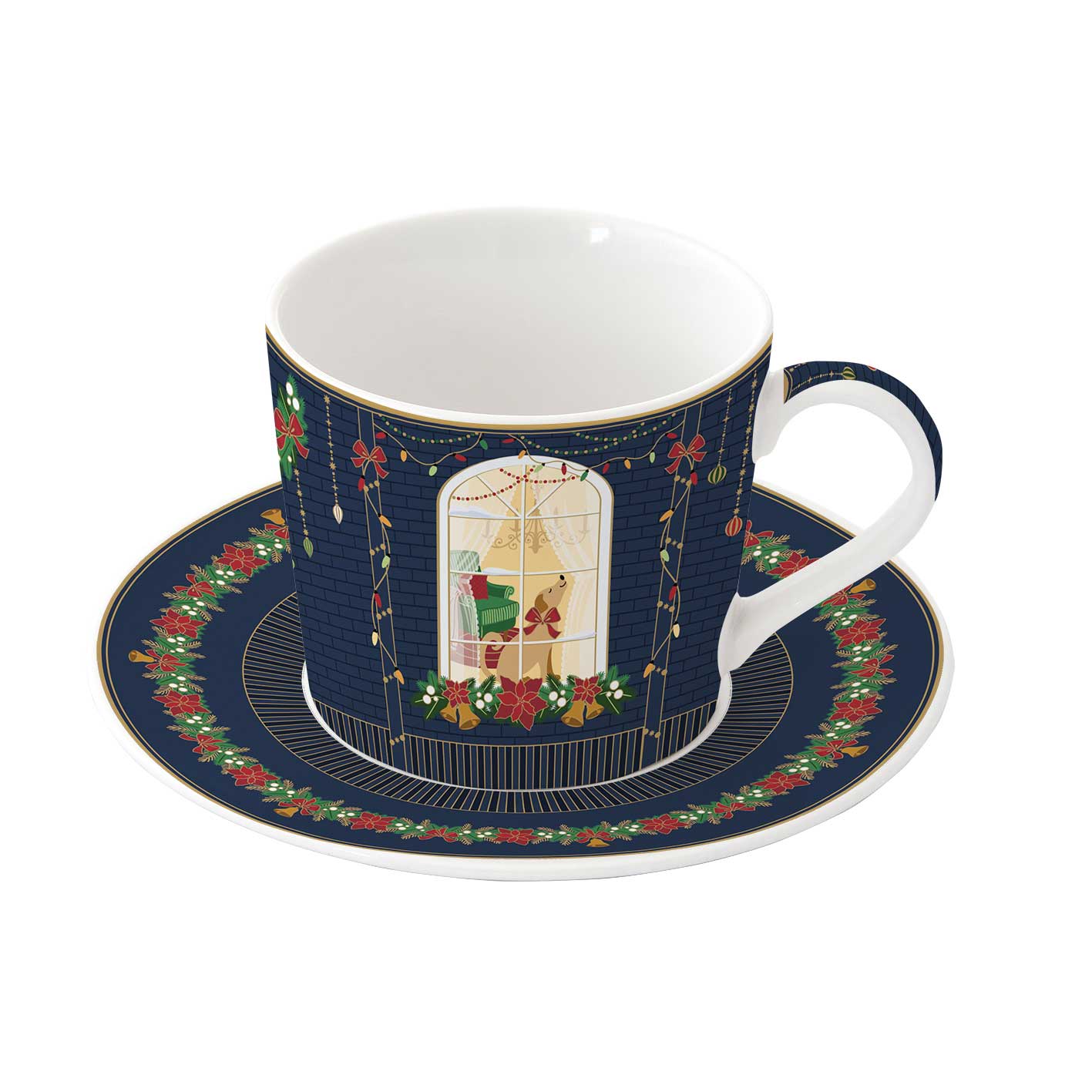 Karácsonyi porcelán reggeliző csésze + alj 380 ml díszdobozban Festive Avenue