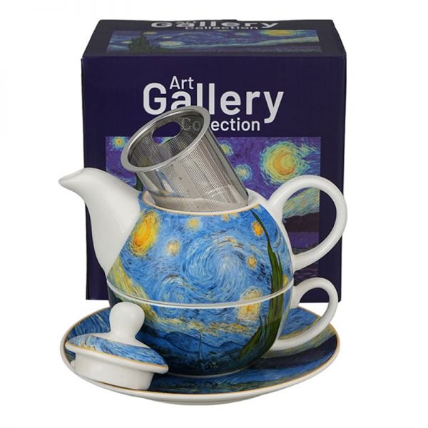 Porcelán egyszemélyes teáskészlet teáskanna és csésze aljjal Van Gogh Csillagos éj