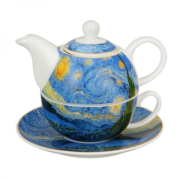 Porcelán egyszemélyes teáskészlet teáskanna és csésze aljjal Van Gogh Csillagos éj