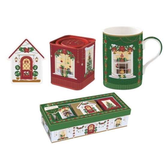Karácsonyi porcelán bögre ajándék szett teafiltertartó + fémdoboz díszdobozban Festive Avenue