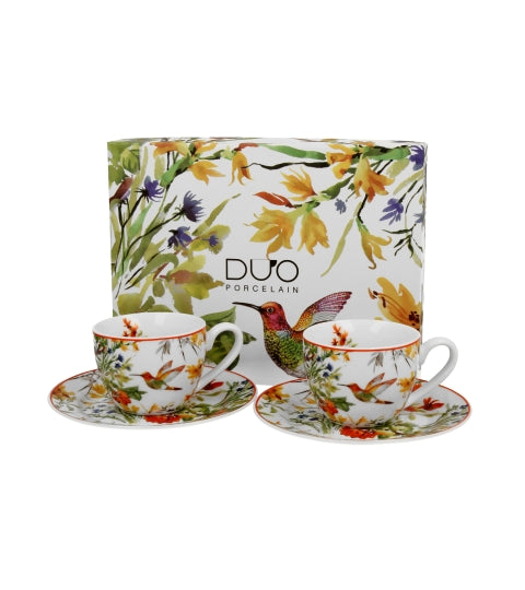 Porcelán eszpresszó kávés csésze + alj 110 ml 2 személyes dobozban madaras Linnea