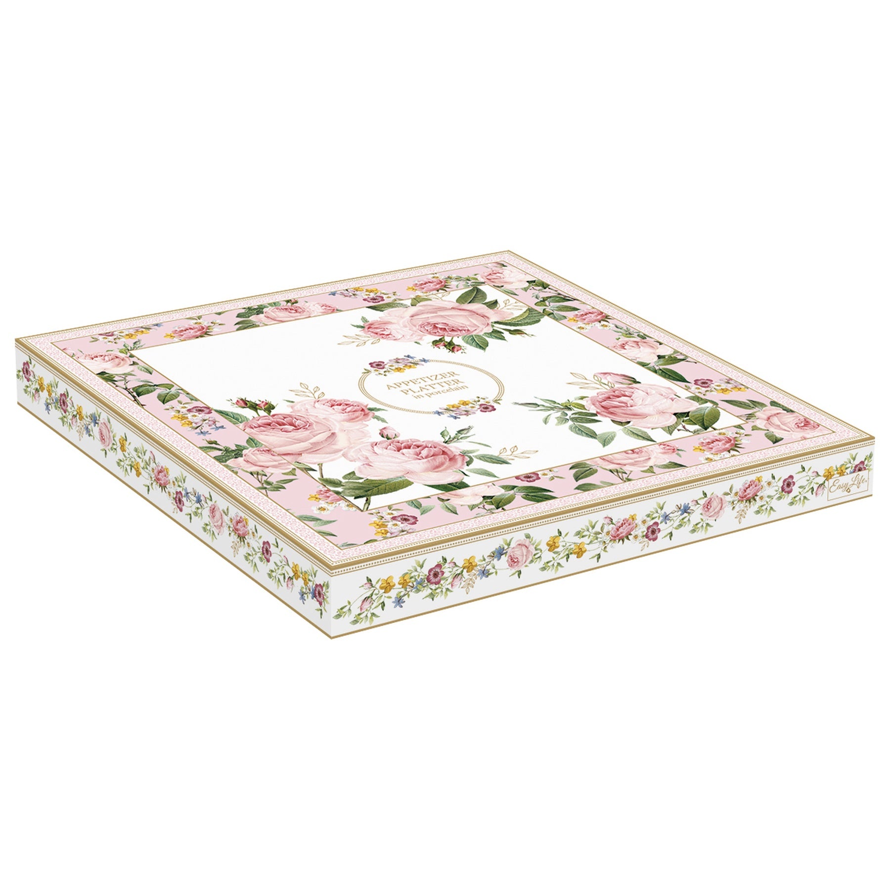 Porcelán osztott kínáló tálca 25x25 cm díszdobozban – Rózsa mintás Chant des Roses