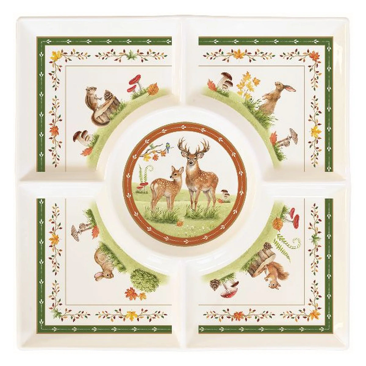 Őszi erdei mintás porcelán osztott kínáló tálca 25x25 cm Fairy Forest