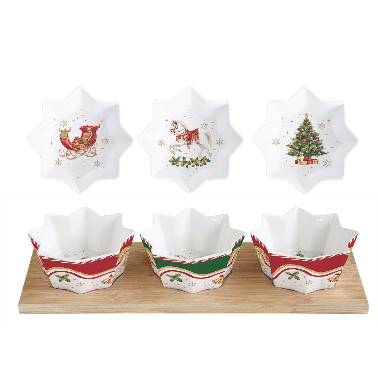 Karácsonyi porcelán 3 db tálka szett bambusz tálcán díszdobozban Christmas Tale