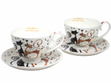 Cicás porcelán csésze aljjal 2 személyes 250 ml fekete-barna virágos macskák