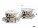 Cicás porcelán csésze aljjal 2 személyes 250 ml fekete-barna virágos macskák
