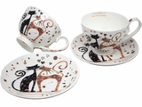 Cicás porcelán csésze aljjal 2 személyes 250 ml fekete-barna virágos macskák
