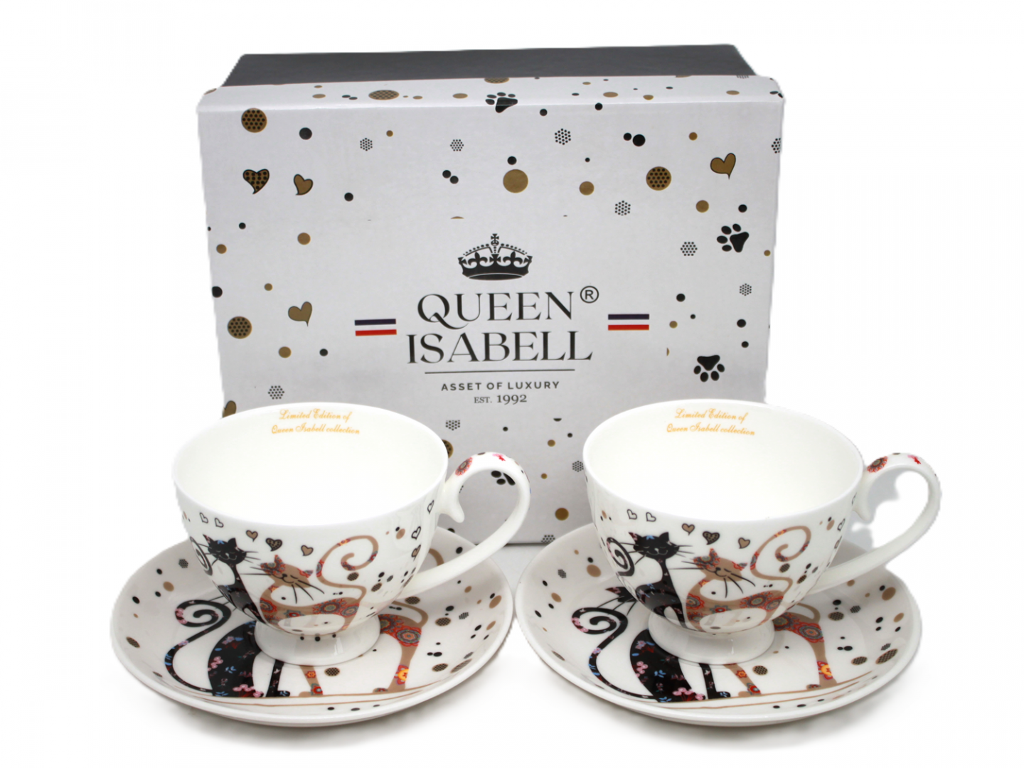 Cicás porcelán csésze aljjal 2 személyes 250 ml fekete-barna virágos macskák