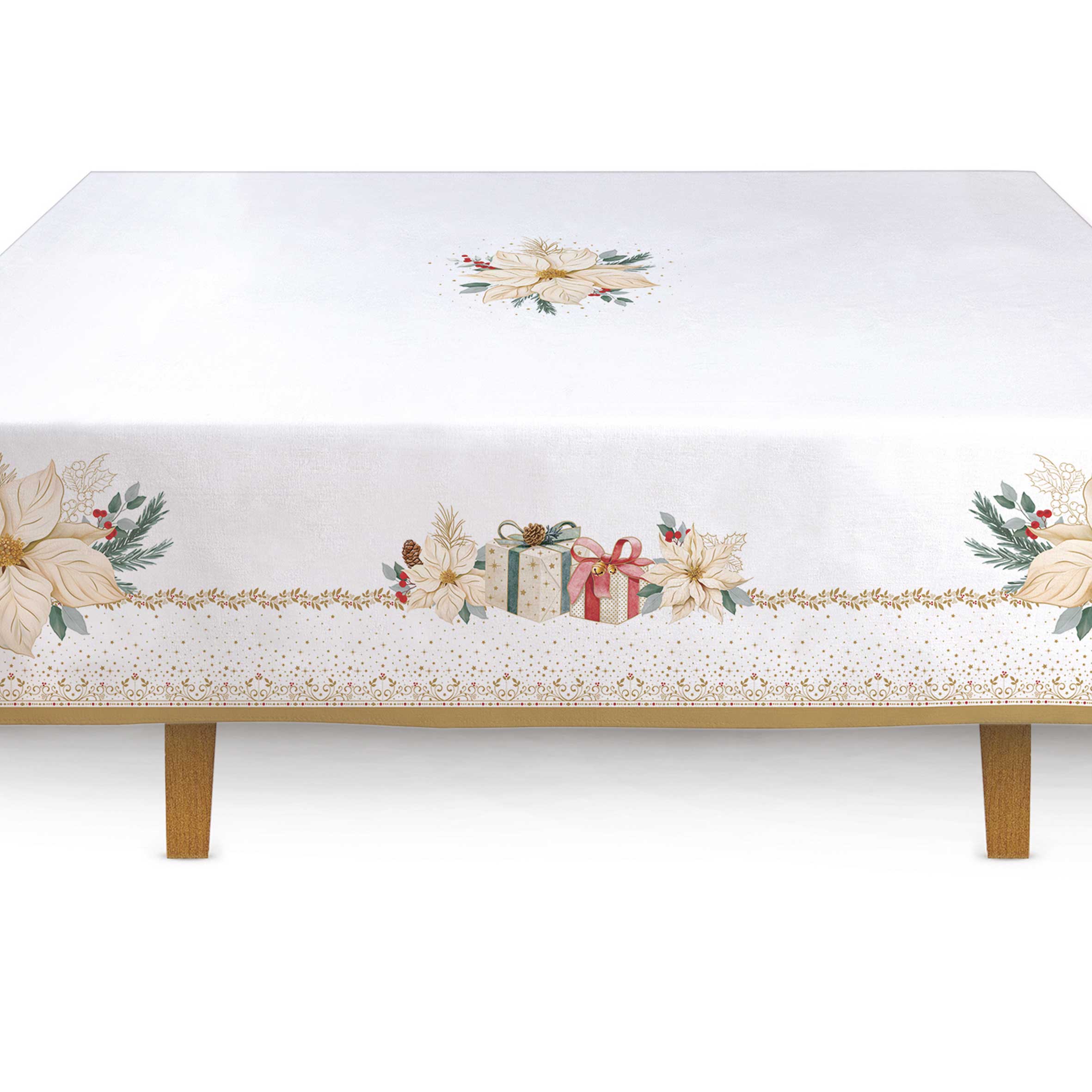 Karácsonyi mikulásvirág mintás Asztalterítő 145x180 cm pamut White Elegance