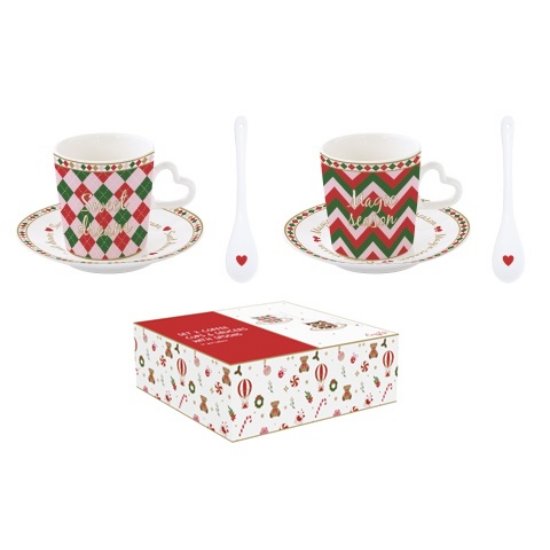 Karácsonyi Porcelán eszpresszó kávés csésze + alj kanállal 2 személyes díszdobozban Christmas Twist