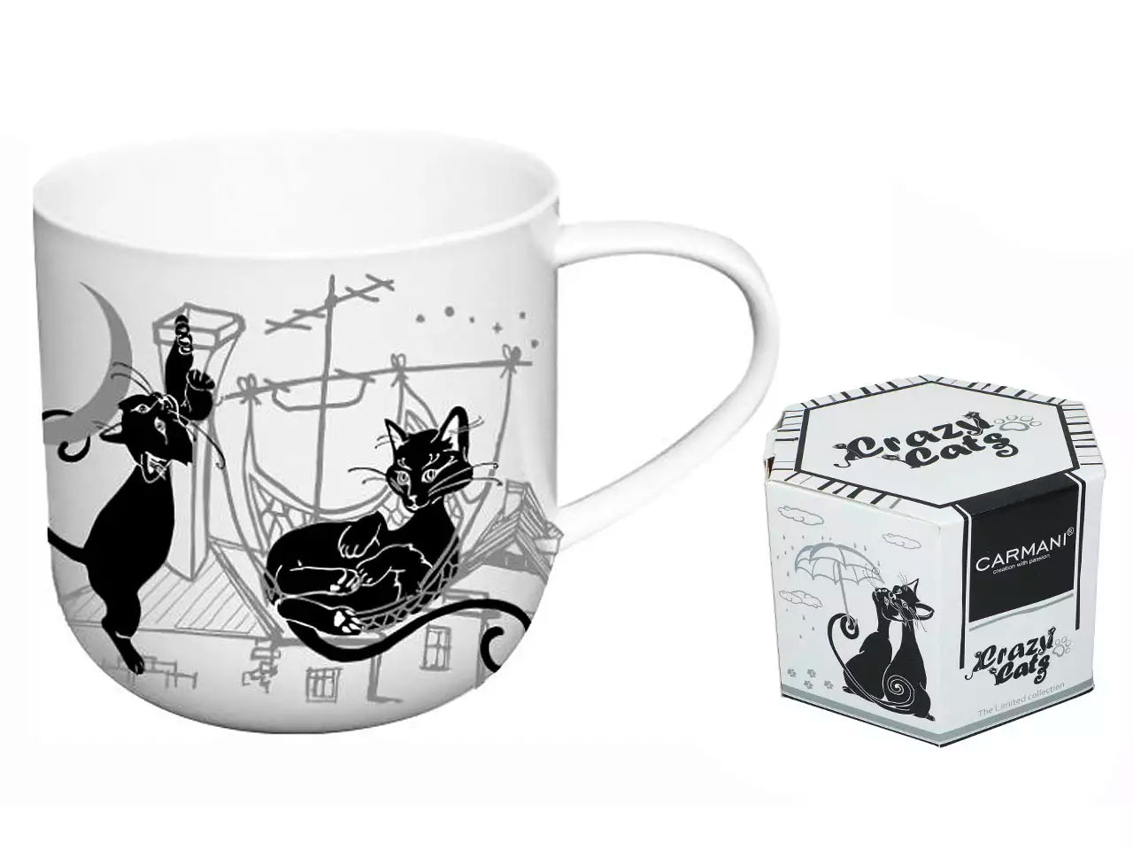 Cicás porcelán bögre 500 ml fekete macskák a háztetőn