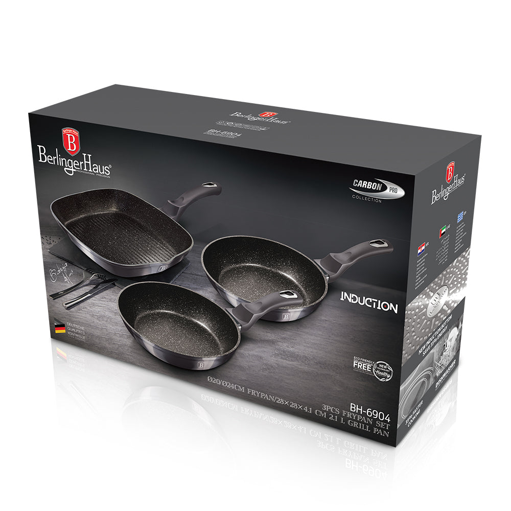 3 részes indukciós serpenyő szett szürke Berlinger Haus Metallic Line Carbon Edition grill serpenyővel