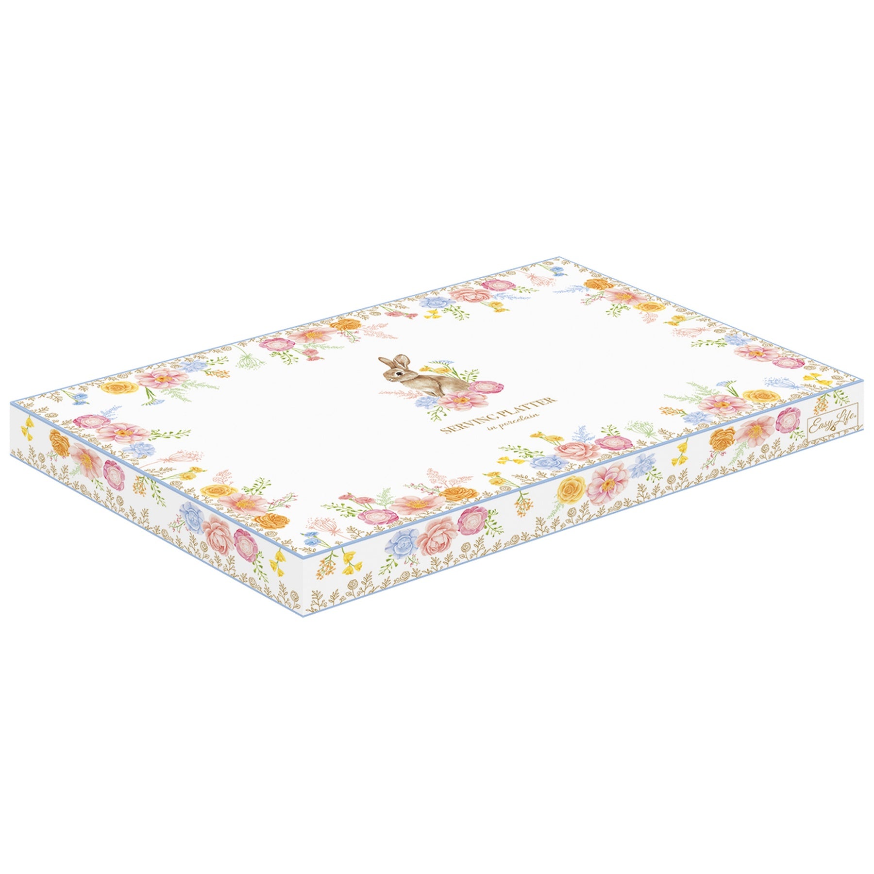 Húsvéti nyuszis porcelán ovális kínálótálca 32x21 cm díszdobozban