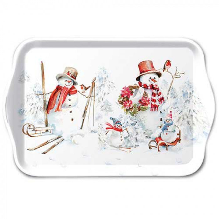 Karácsonyi hóemberes műanyag kis konyhai tálca 13x21 cm Sporty Snowmen