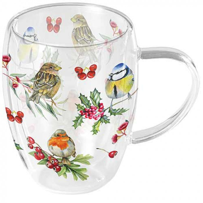 Karácsonyi duplafalú borosilicate üveg csésze Téli Madárdal 350 ml