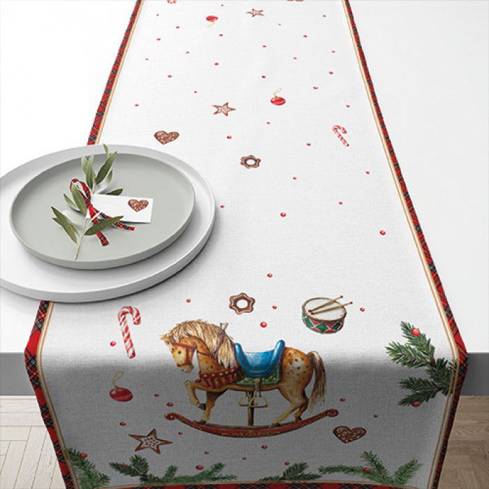 Karácsonyi hintalovas pamut asztali futó 40x150 cm Christmas Toys