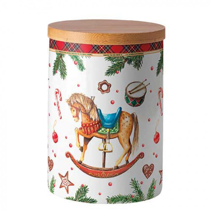 Karácsonyi hintalovas porcelán konyhai tároló bambusz szilikon zárógyűrűvel Christmas Toys közepes