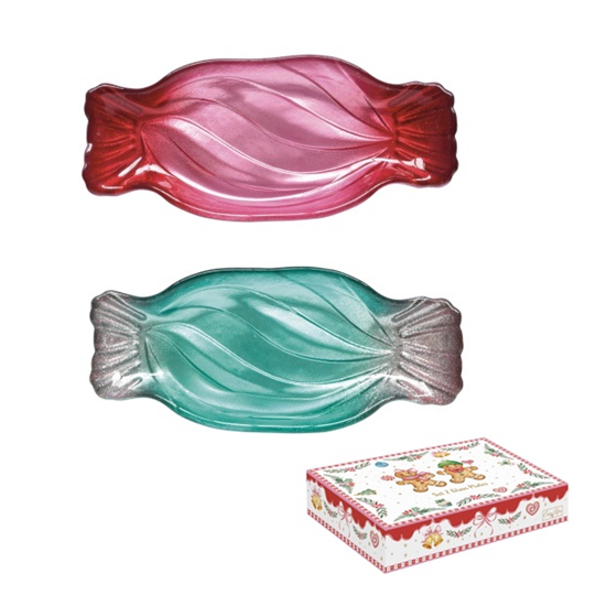 Karácsonyi Üvegtál szett 2 db-os 20,5x9 cm szaloncukor forma díszdobozban Sweet Christmas