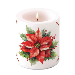 Karácsonyi mikulásvirág mintás gyertya közepes Ø 10x10 cm Festive Poinsettia