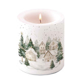 Karácsonyi havas házak mintás gyertya közepes Ø 10x10 cm Snowy Houses