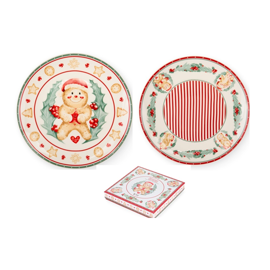 Karácsonyi porcelán desszertes tányér szett 2 db-os díszdobozban mézeskalács baba