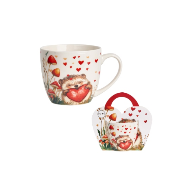 Valentin napi porcelán bögre papír dísztasakkal süni 460 ml