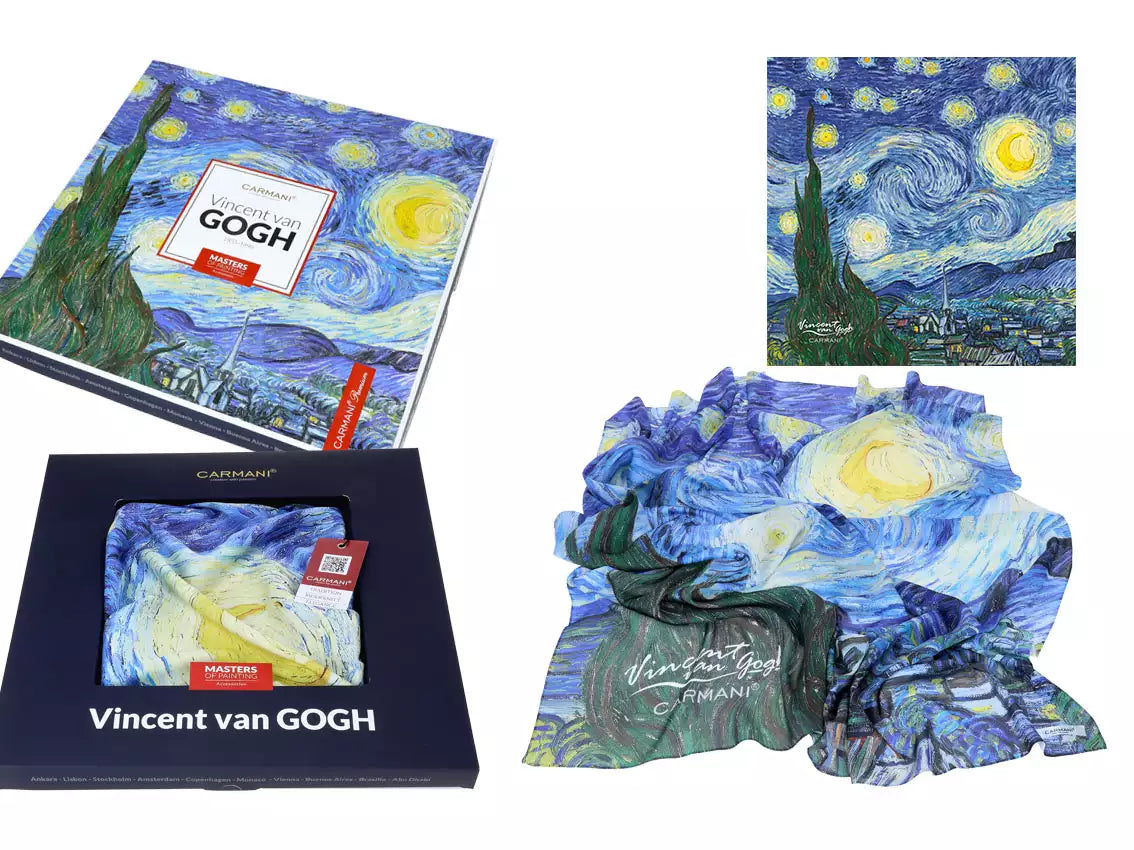 női kendő 90x90 cm polysatin Van Gogh Csillagos éj