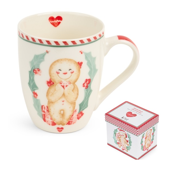 Karácsonyi porcelán bögre 350 ml díszdobozban mézeskalács baba ajándékkal