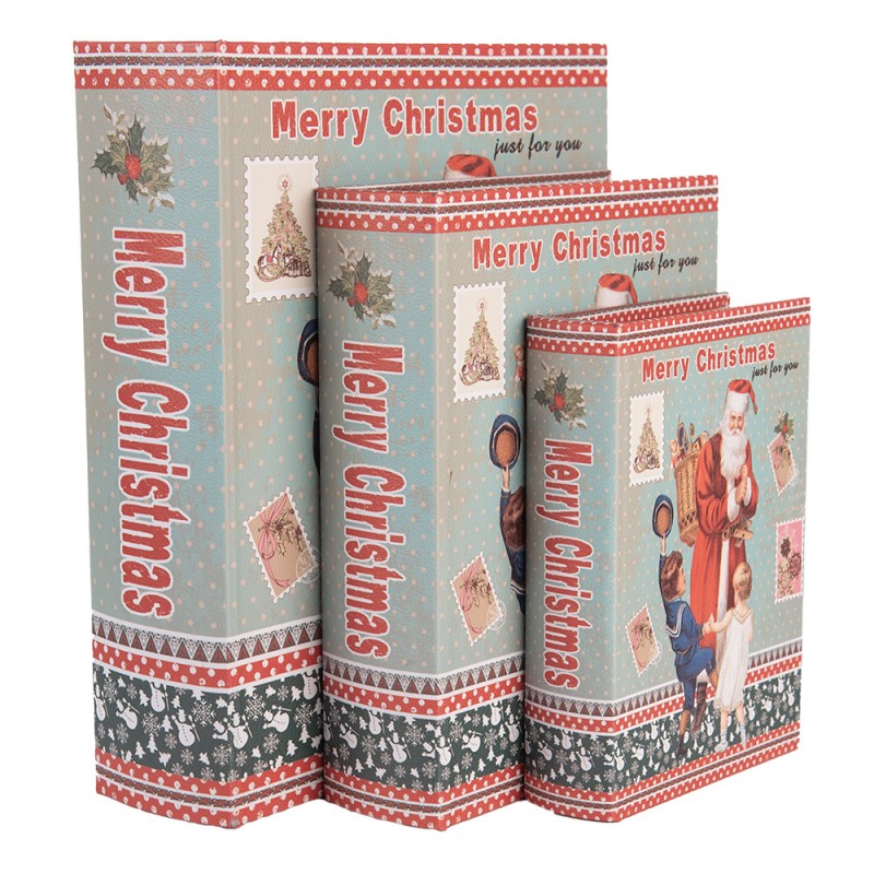 Télapós könyv alakú vintage fa tároló doboz szett 3 részes Merry Christmas
