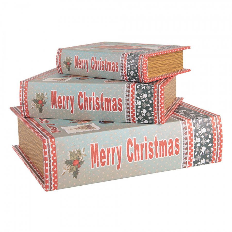 Télapós könyv alakú vintage fa tároló doboz szett 3 részes Merry Christmas