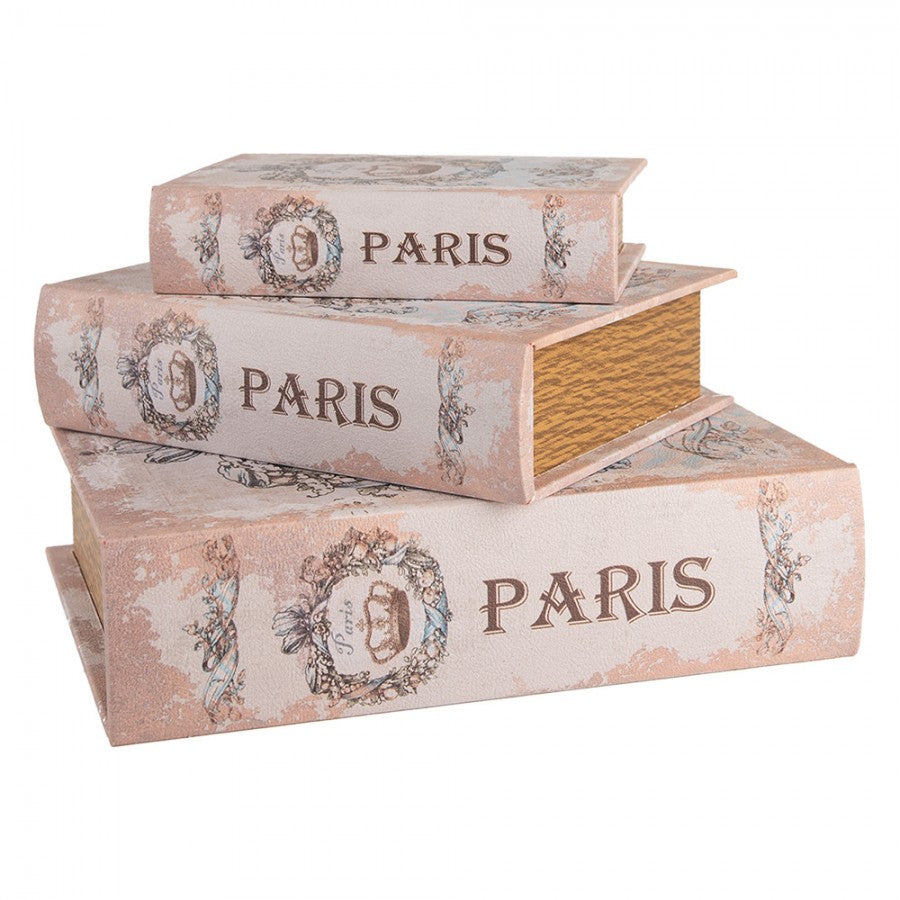Koronás könyv alakú vintage fa tároló doboz szett 3 részes Paris