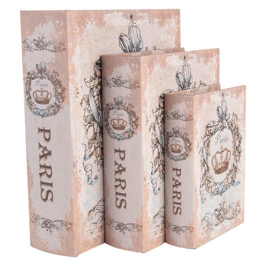Koronás könyv alakú vintage fa tároló doboz szett 3 részes Paris