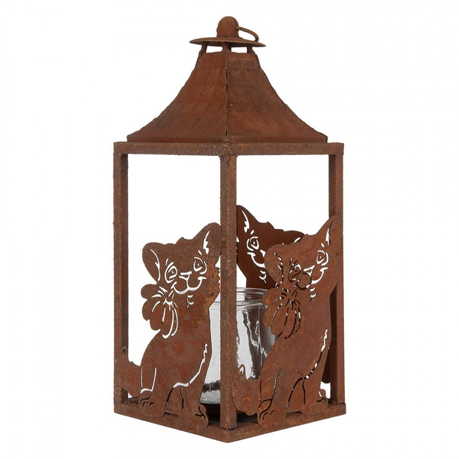 Antikolt barna fém mécsestartó lantern cicás 15x15x37 cm