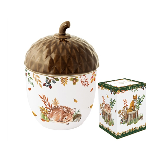 Forest Dream őszi porcelán makk alakú konyhai tároló fedővel 11x16 cm