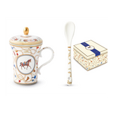 Porcelán bögre tetővel és kanállal díszdobozban lovas mintával Cheval