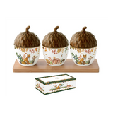 Forest Dream őszi porcelán makk alakú tálka fedővel 3 db bambusztálcán