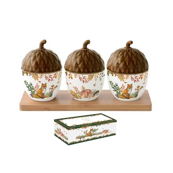 Forest Dream őszi porcelán makk alakú tálka fedővel 3 db bambusztálcán