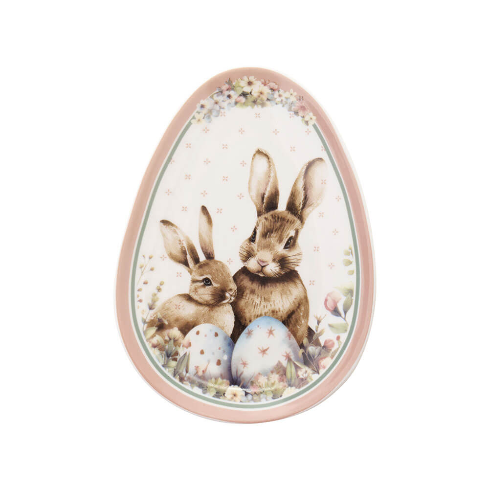 Húsvéti nyuszis Porcelán tojás formájú tányér 17x12 cm díszdobozban 2 nyuszis minta